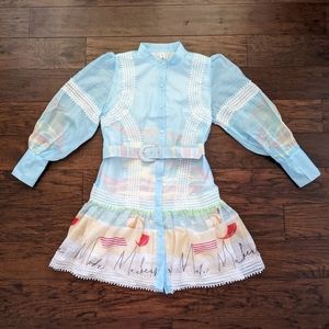 Puff Sleeved Beach Print Mini Dress